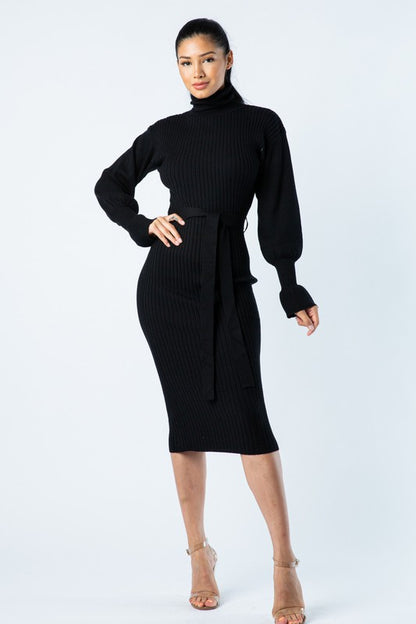 TURTLE NECK RIBBED MIDI Knit DRESS LONG SLEEVE BELTED