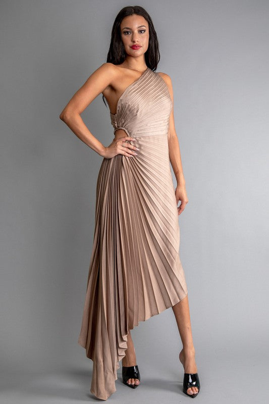 SOLID RUCHED PLEATED ONE SHOULDER HI LOW DRESS