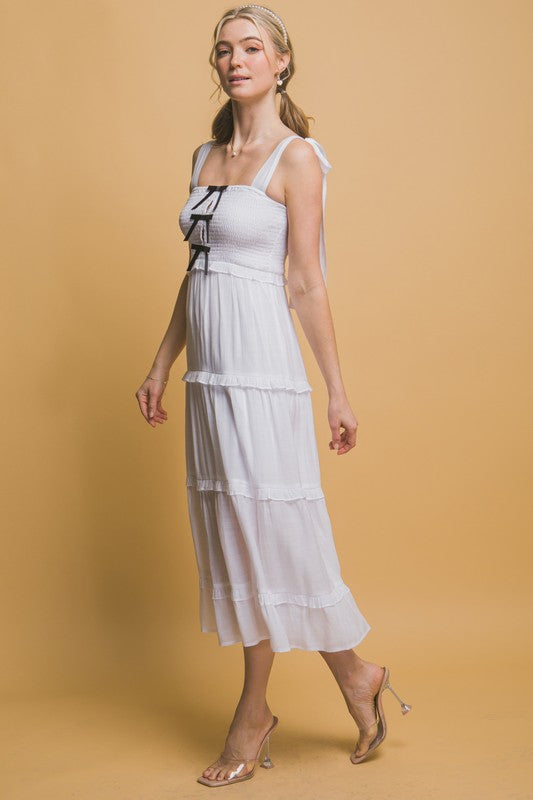 BOW STRAP TIERED MIDI DRESS
