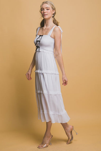 BOW STRAP TIERED MIDI DRESS