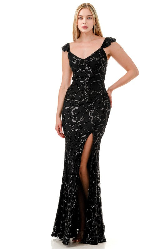 SEQUIN RIBBON RUFFLED MERMAID MAXI COCKTAIL DRESS