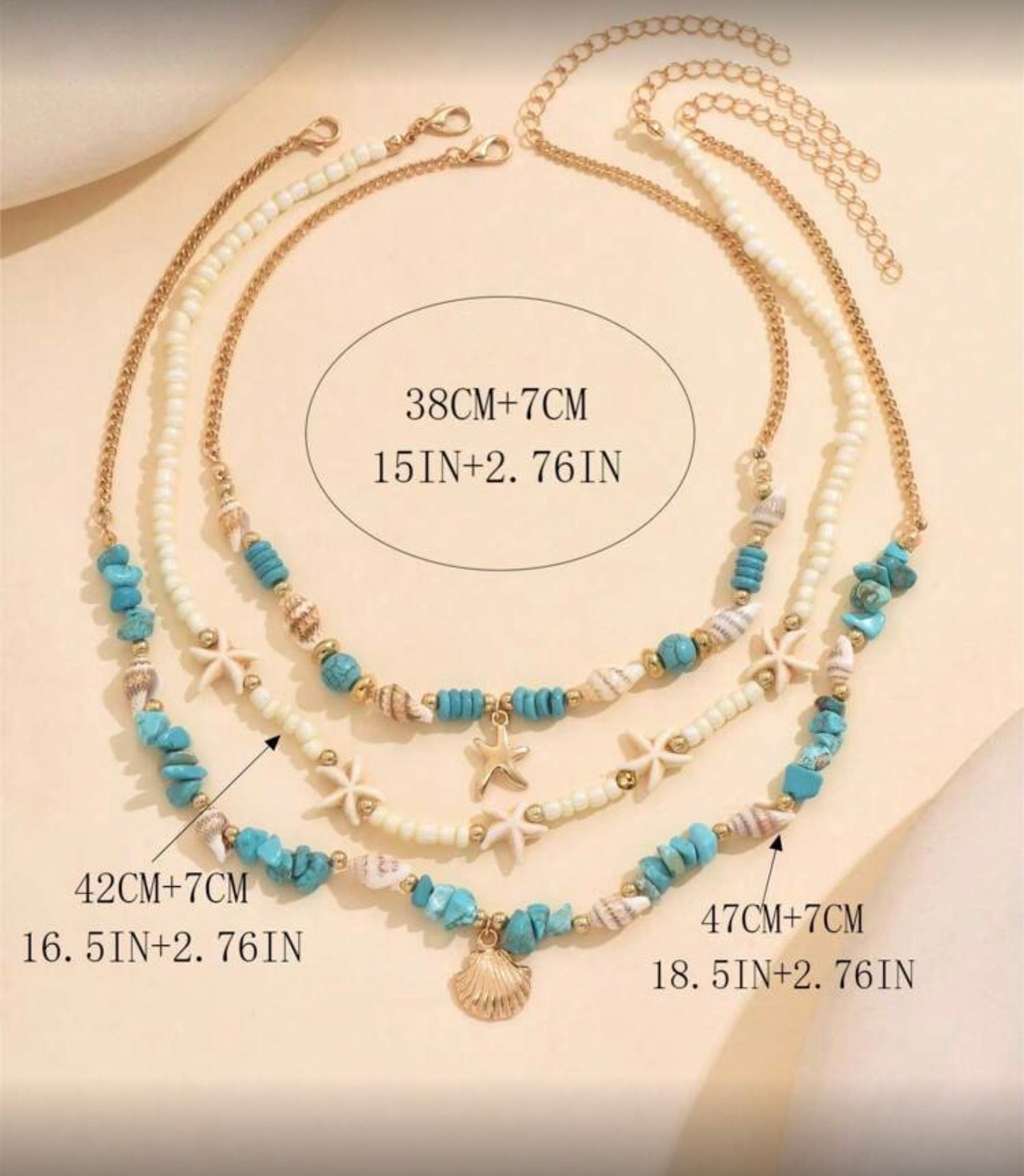 3pcs Set Turquoise Shell & Pearl Beaded Necklace