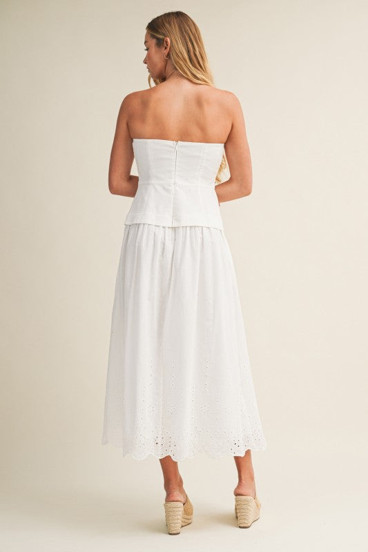 STRAPLESS EYELET SCALLOP HEM TWOFER MIDI DRESS