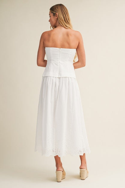 STRAPLESS EYELET SCALLOP HEM TWOFER MIDI DRESS