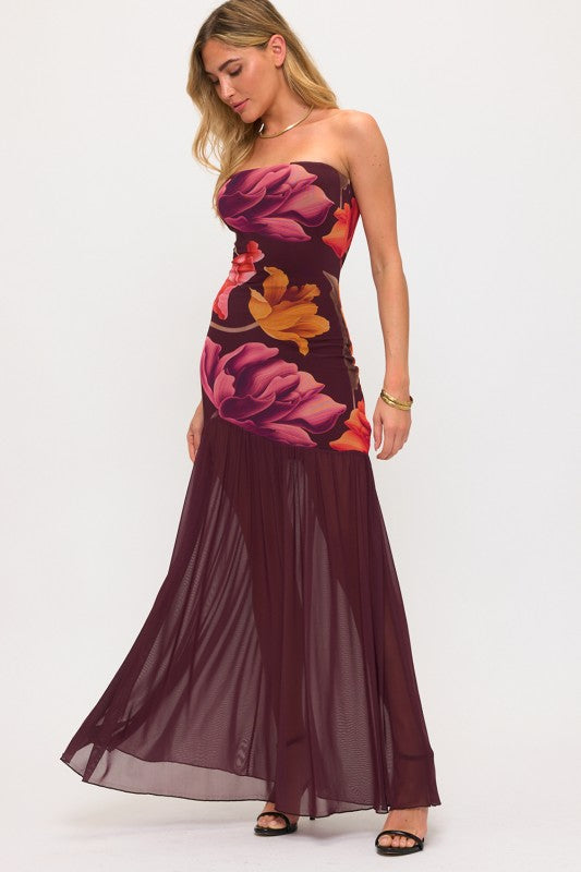 FLORAL MESH BUTTON FIT&FLARE MAXI SUMMER DRESS