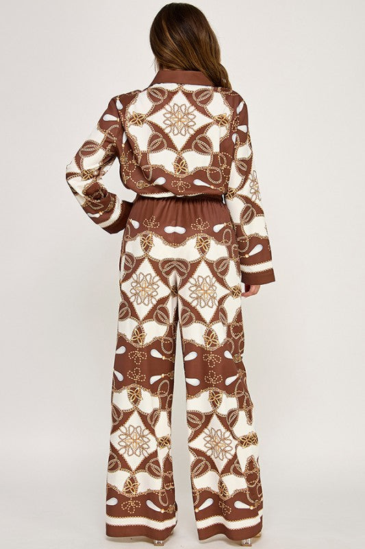 PRINT LONG SLEEVE TOP WITH WIDE LEG PANTS SET