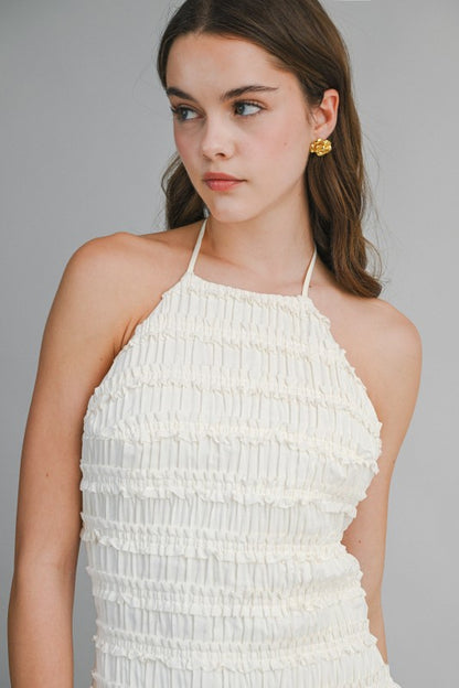 SMOCKED TIERED HALTER BODICE MIDI DRESS
