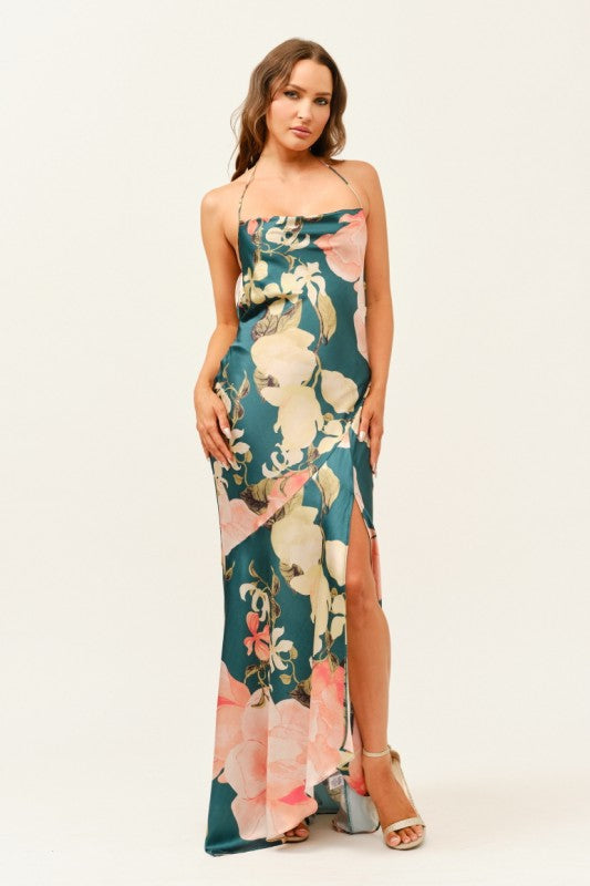 FLORAL SATIN HALTER MAXI DRESS