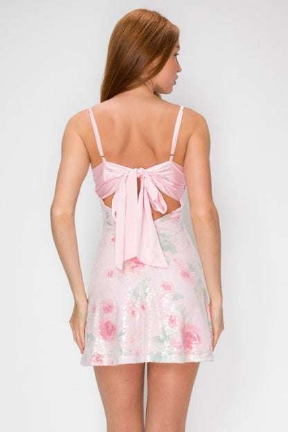FLORAL SEQUIN SATIN BOW MINI PARTY DRESS