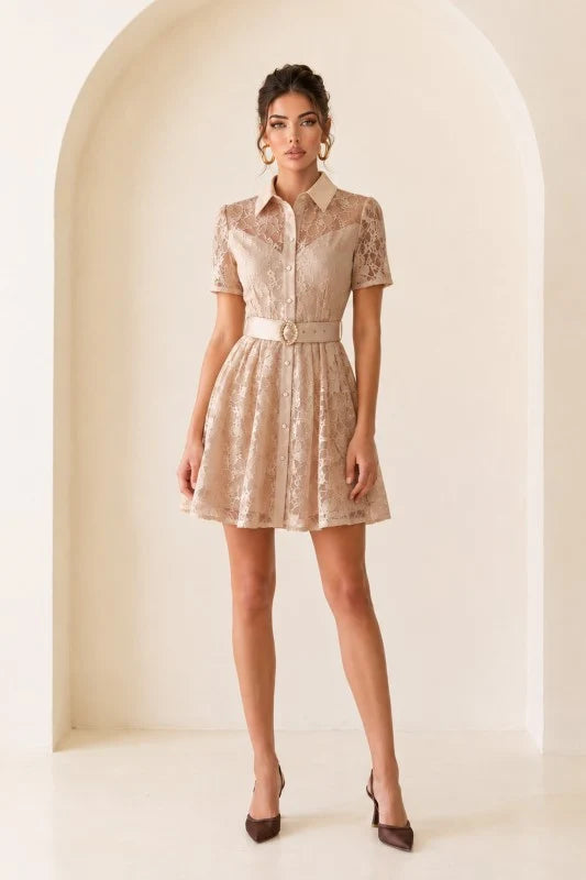 BUTTON DOWN MINI LACE DRESS