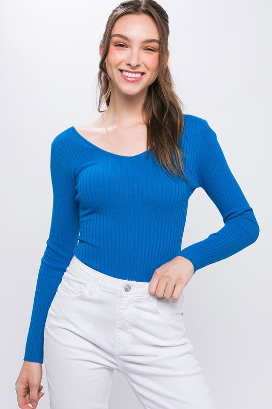 V Neckline Yarn Long Sleeve Body Suit