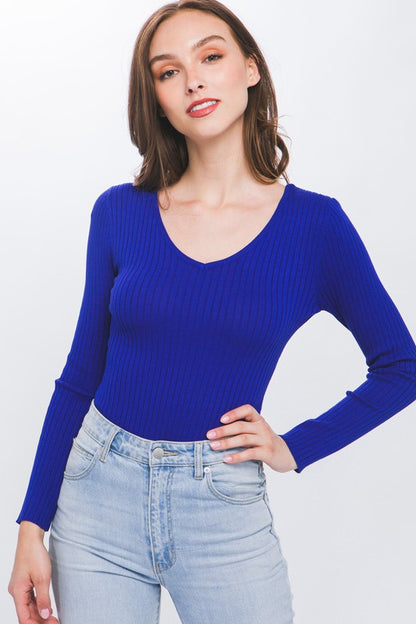 V Neckline Yarn Long Sleeve Body Suit