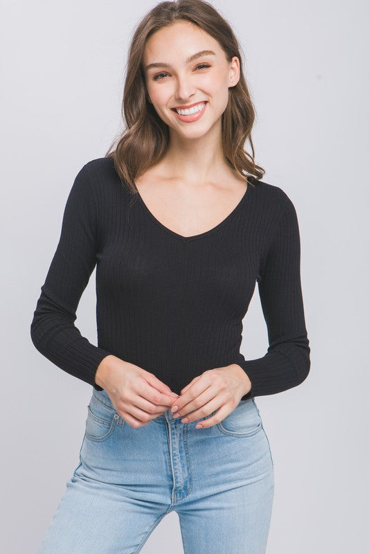 V Neckline Yarn Long Sleeve Body Suit