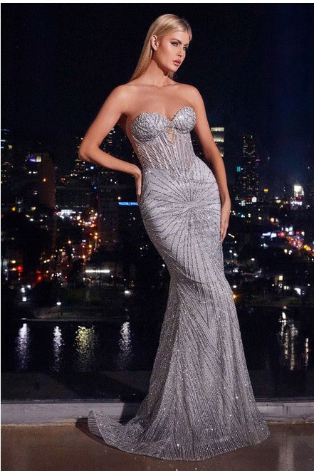 STRAPLESS SILVER EMBELLISHED MAXI COCKTAIL DRESS