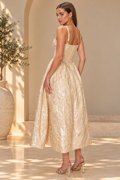 FLORAL JACQUARD SWEETHEART MIDI DRESS