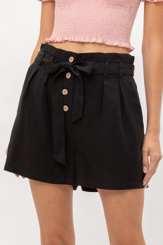 WOVEN SOLID PAPER BAG SHORTS