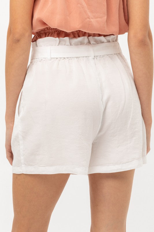 WOVEN SOLID PAPER BAG SHORTS