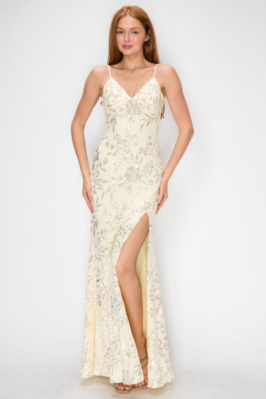 FLORAL SEQUIN MERMAID MAXI COCKTAIL DRESS