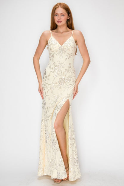 FLORAL SEQUIN MERMAID MAXI COCKTAIL DRESS