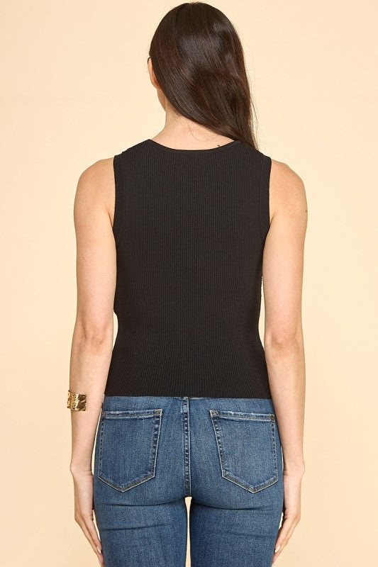 ROUND NECK RUCHED BUST SLVLESS KNIT TOP