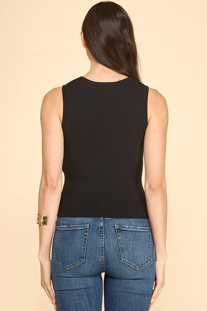ROUND NECK RUCHED BUST SLVLESS KNIT TOP