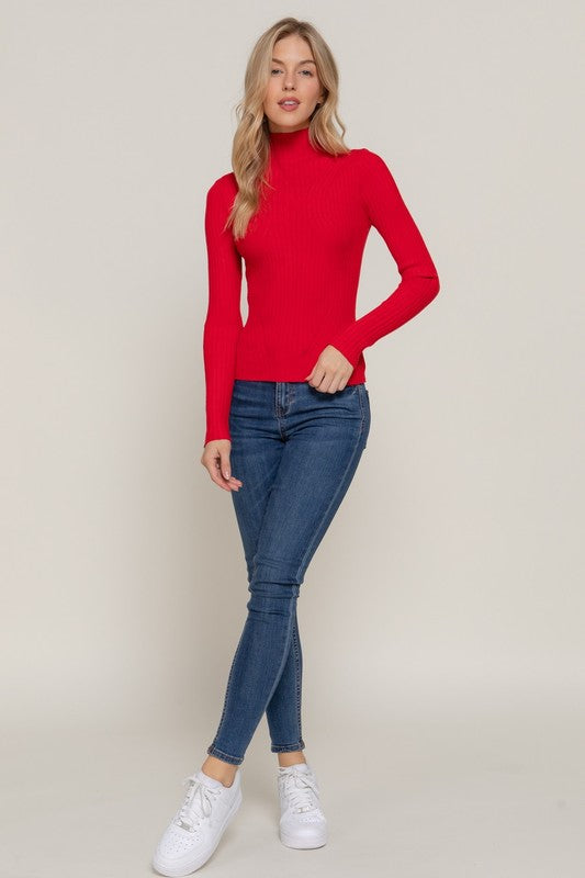 LONG SLV HIGH-NECK FITTED SWEATER