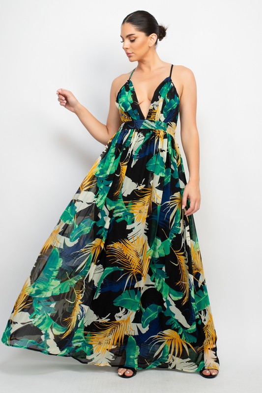 Low Cut Back Maxi Floral Dress