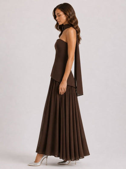 STRAPLESS LACE UP CORSET GATHERED MAXI DRESS WITH SCARF