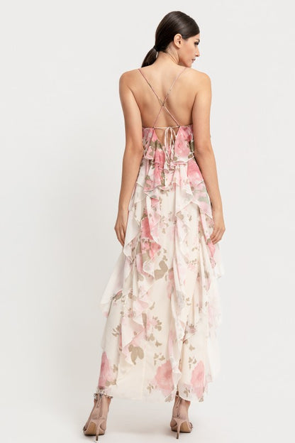 FLOWER PRINT SPAGHETTI STRAP OPEN BACK RUFFLE MAXI DRESS