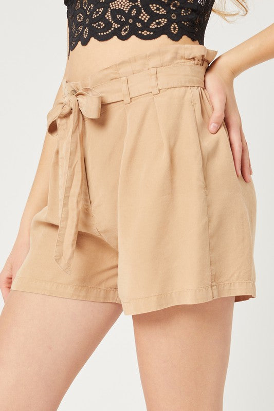 WOVEN SOLID PAPER BAG SHORTS