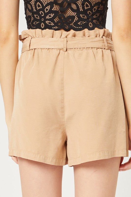 WOVEN SOLID PAPER BAG SHORTS