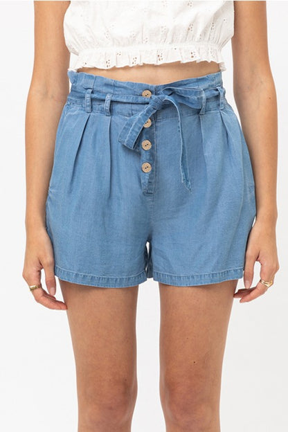 WOVEN SOLID PAPER BAG SHORTS