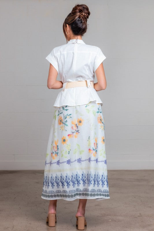 BELTED FLORAL PRINTED MIDI DRESS