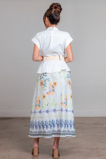 BELTED FLORAL PRINTED MIDI DRESS