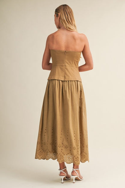 STRAPLESS EYELET SCALLOP HEM TWOFER MIDI DRESS