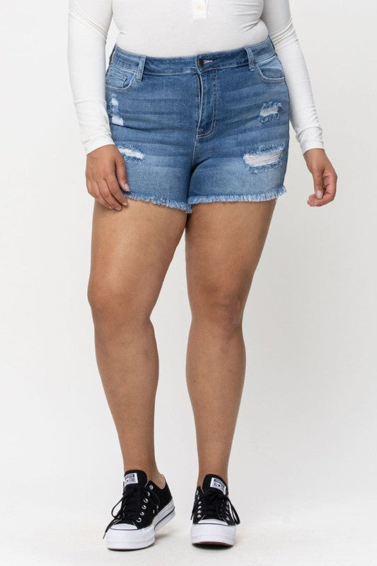 High Rise Destroy Fray Hem Shorts