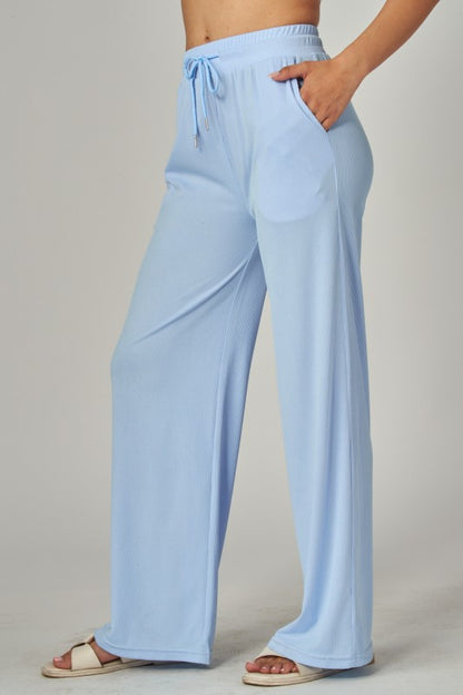 STRETCHY RIBBED DRAWSTRING POCKET WIDE LEG PANTS