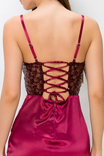 LATTICE SEQUIN SATIN CONTRAST MAXI PARTY DRESS