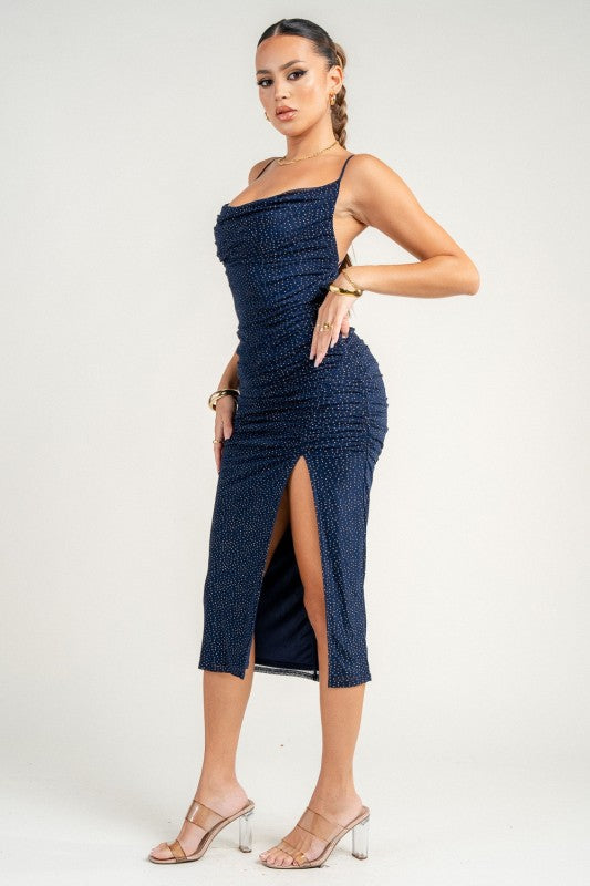 COWL NECK X BACK TIE FRONT SLIT RUCHING MIDI DRESS