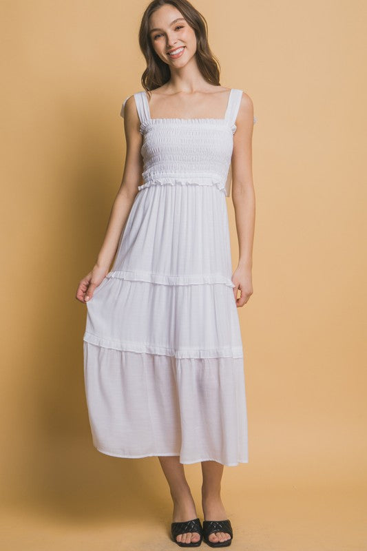 PLEATED SMOCKED MIDI DRESS