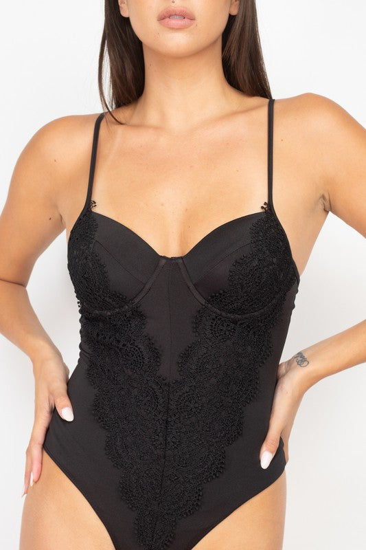 SATIN PADDED BRA LACE TRIM BODYSUIT