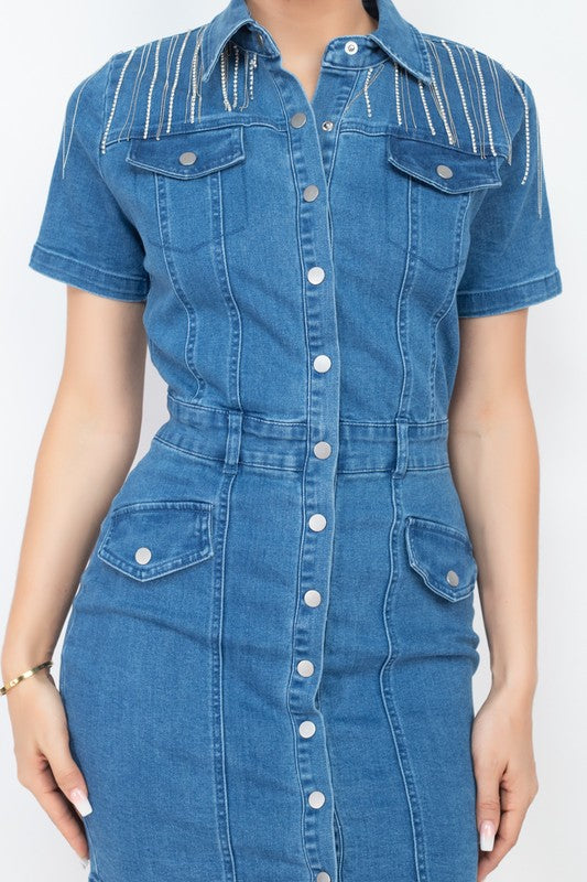 jewel denim dress Instant Joy Embellished Denim Mini Dress VICI