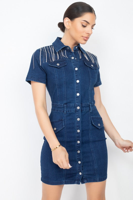 DENIM JEWEL MINI DRESS