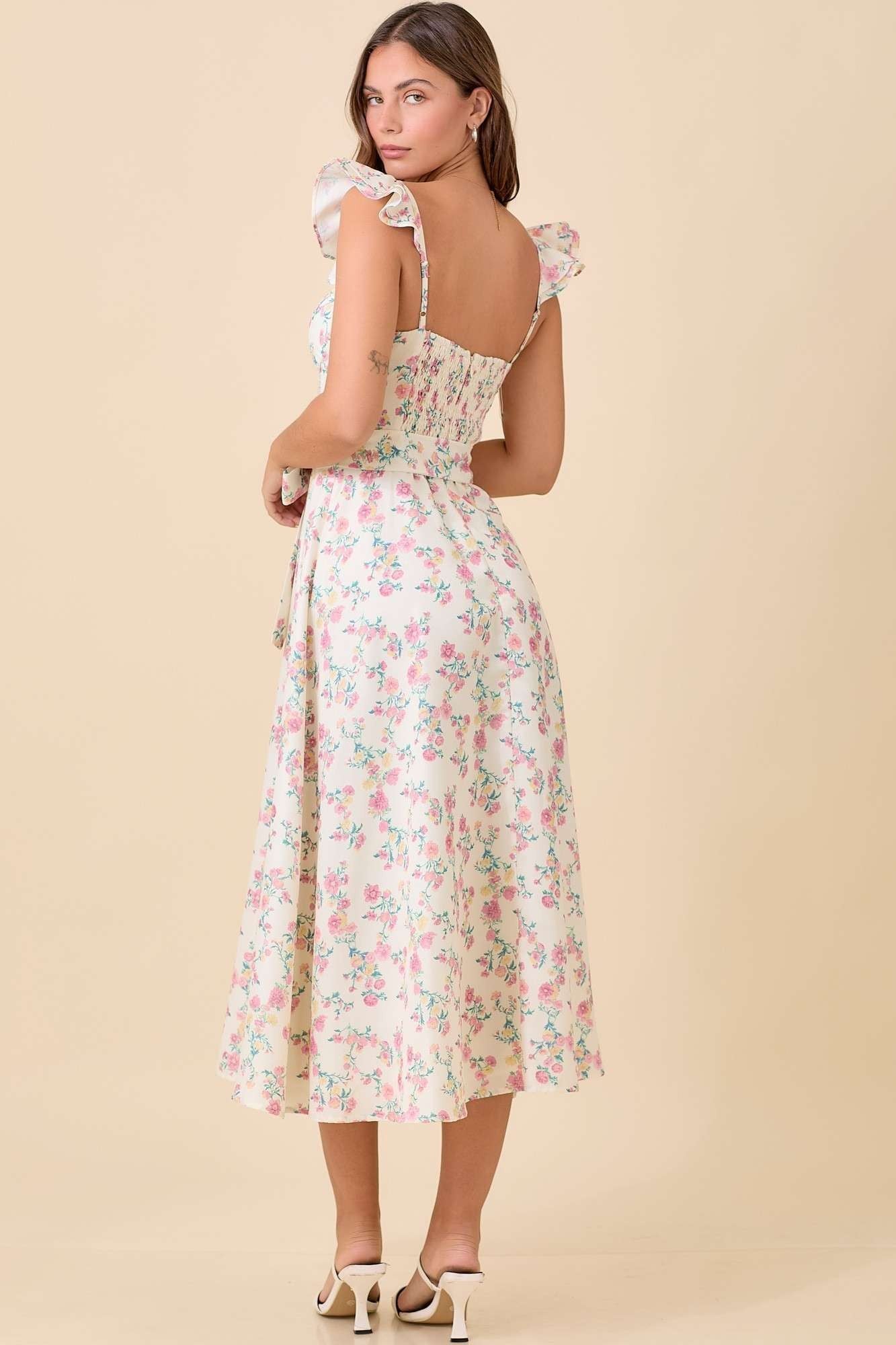 Floral Printed Ruffle Sleeve Midi Dress