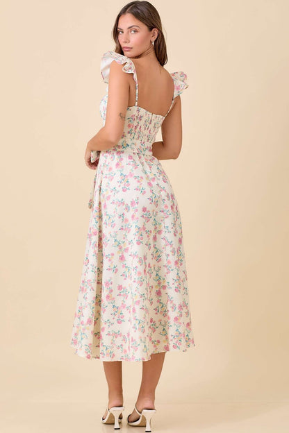 Floral Printed Ruffle Sleeve Midi Dress