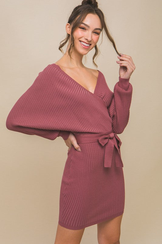 Off Shoulder Wrap Belted Ribbed Knit Dress