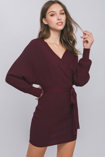 Off Shoulder Wrap Belted Ribbed Knit Dress