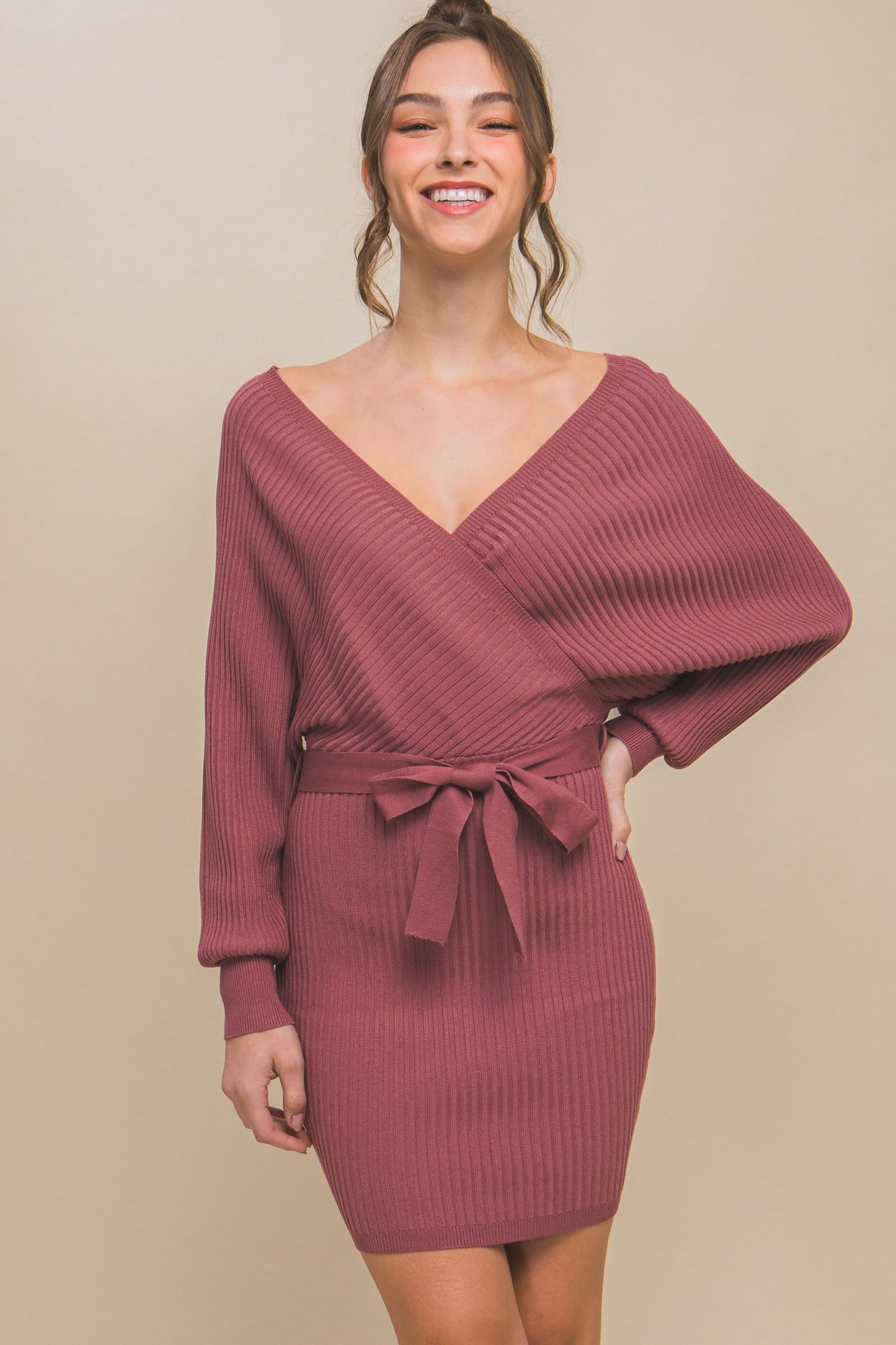 Off Shoulder Wrap Belted Ribbed Knit Dress