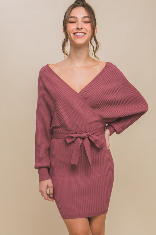 Off Shoulder Wrap Belted Ribbed Knit Dress