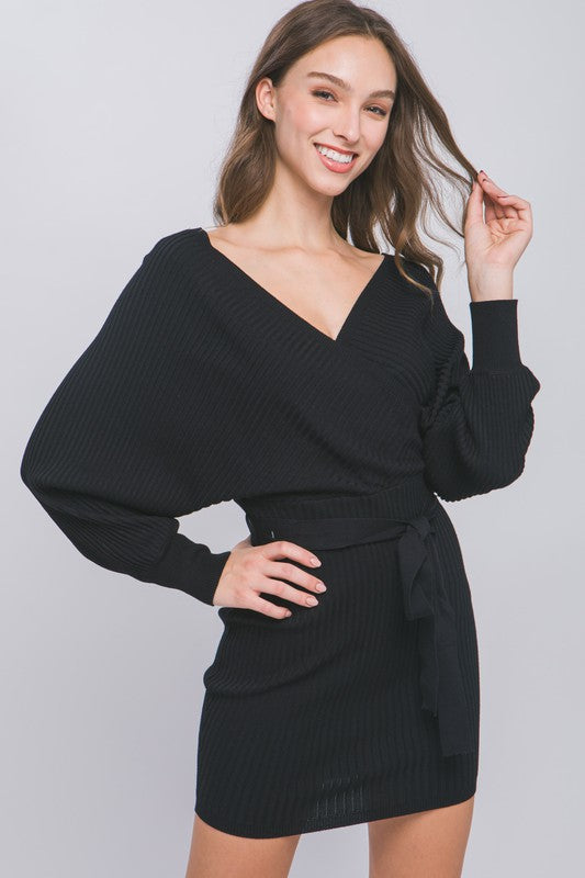 Off Shoulder Wrap Belted Ribbed Knit Dress  Bella Chica
